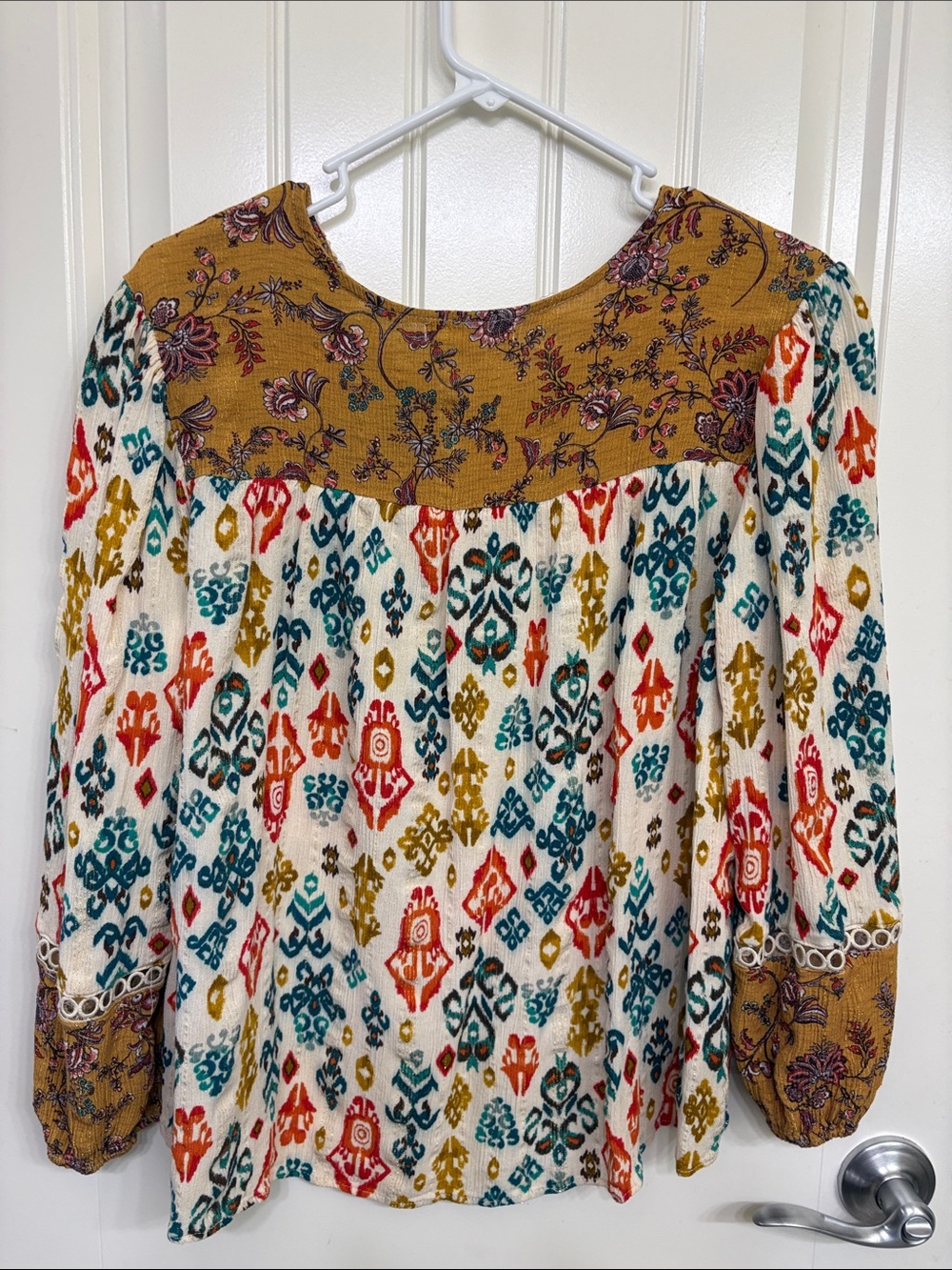 Farmers Market Boho Ikat-Print Top in Cream, Mustard & Teal - Picture 9 of 11